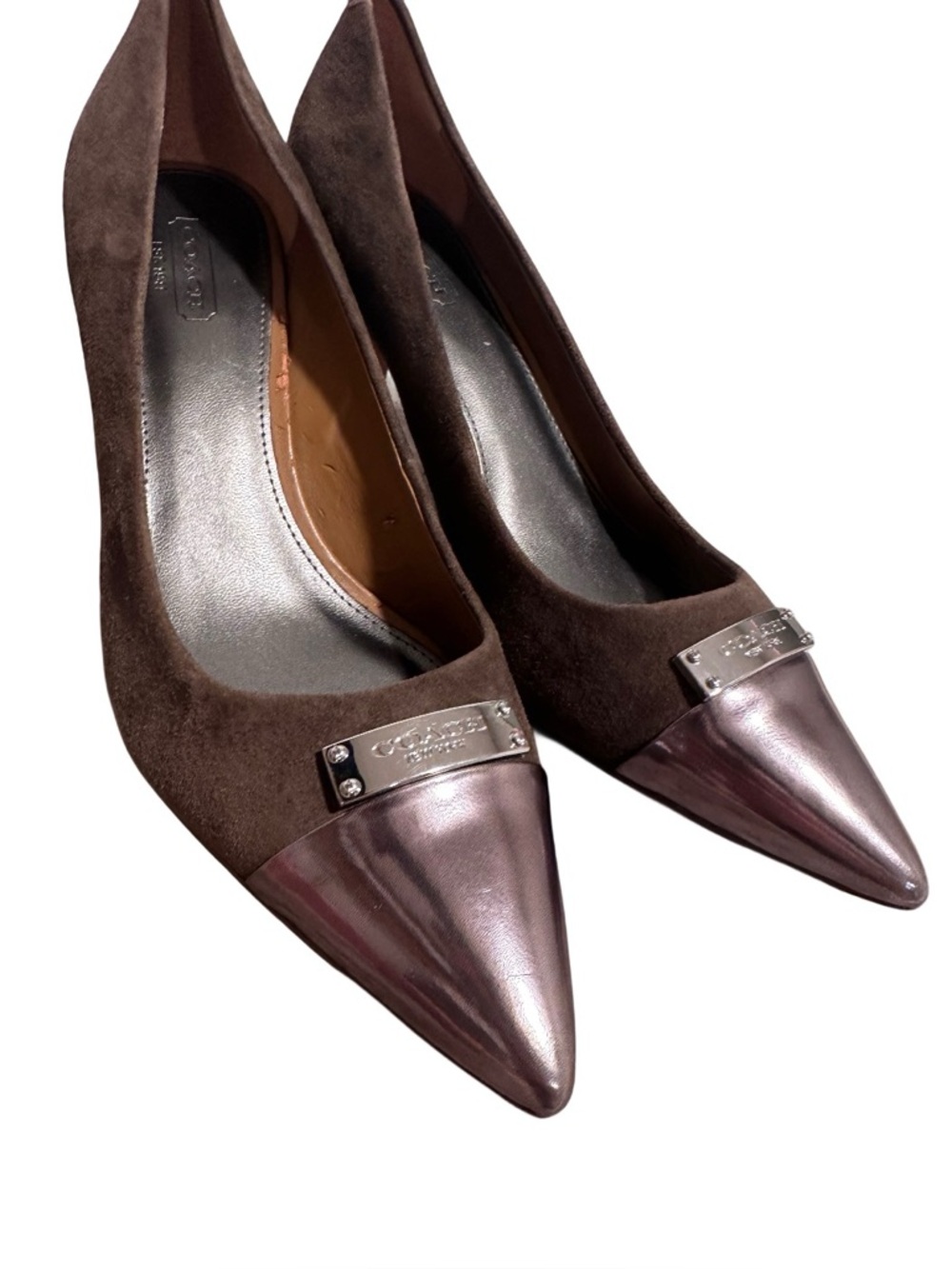 COACH Zan Brown Suede Metallic Cap Toe Pointed Pumps Heels Silver - Size 9B GUC - Picture 4 of 17